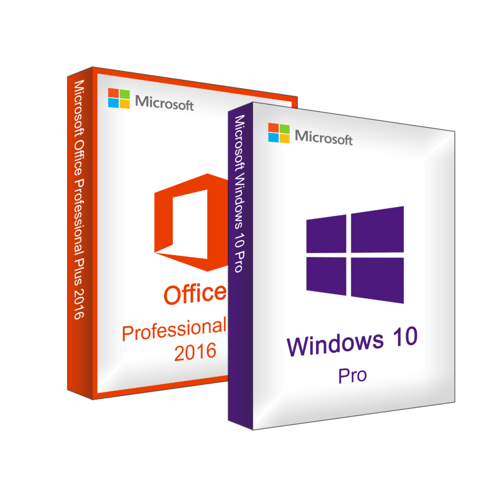 Microsoft Office Professional Plus 2016 und Microsoft Windows 10 Pro Produktboxen.