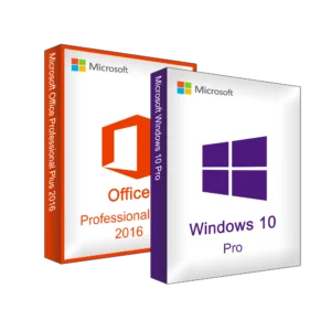 Microsoft Office Professional Plus 2016 und Microsoft Windows 10 Pro Produktboxen.