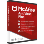 Produktfoto von McAfee Antivirus Plus mit der Verpackung und Inklusion von VPN und Echtzeitschutz