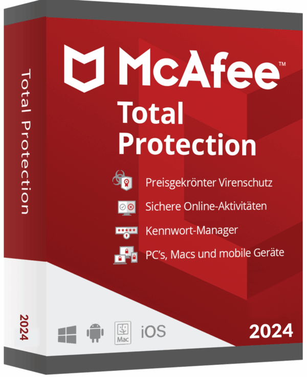 McAfee Total Protection Softwarekarton mit Schutzfunktionen