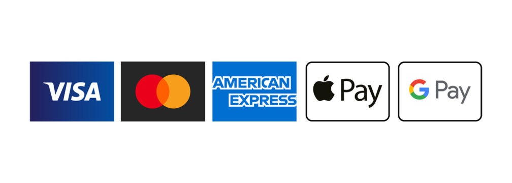 Logos der akzeptierten Zahlungsmethoden: Visa, Mastercard, American Express, Apple Pay und Google Pay.