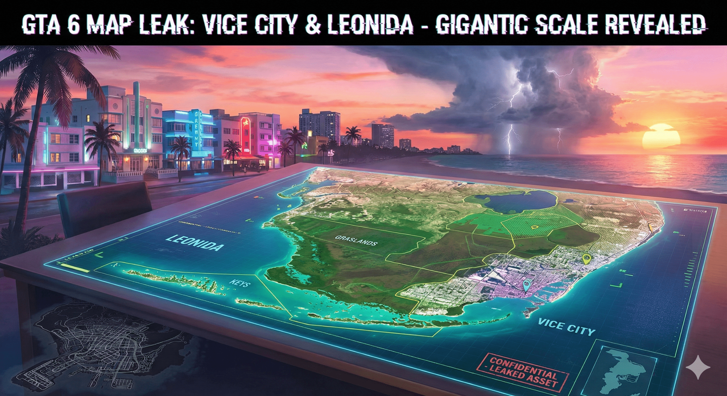 Konzept-Darstellung des GTA 6 Map Leaks, die den riesigen Bundesstaat Leonida und die Metropole Vice City als holografische Karte auf einem Tisch zeigt, vor einem typischen Florida-Sonnenuntergang.