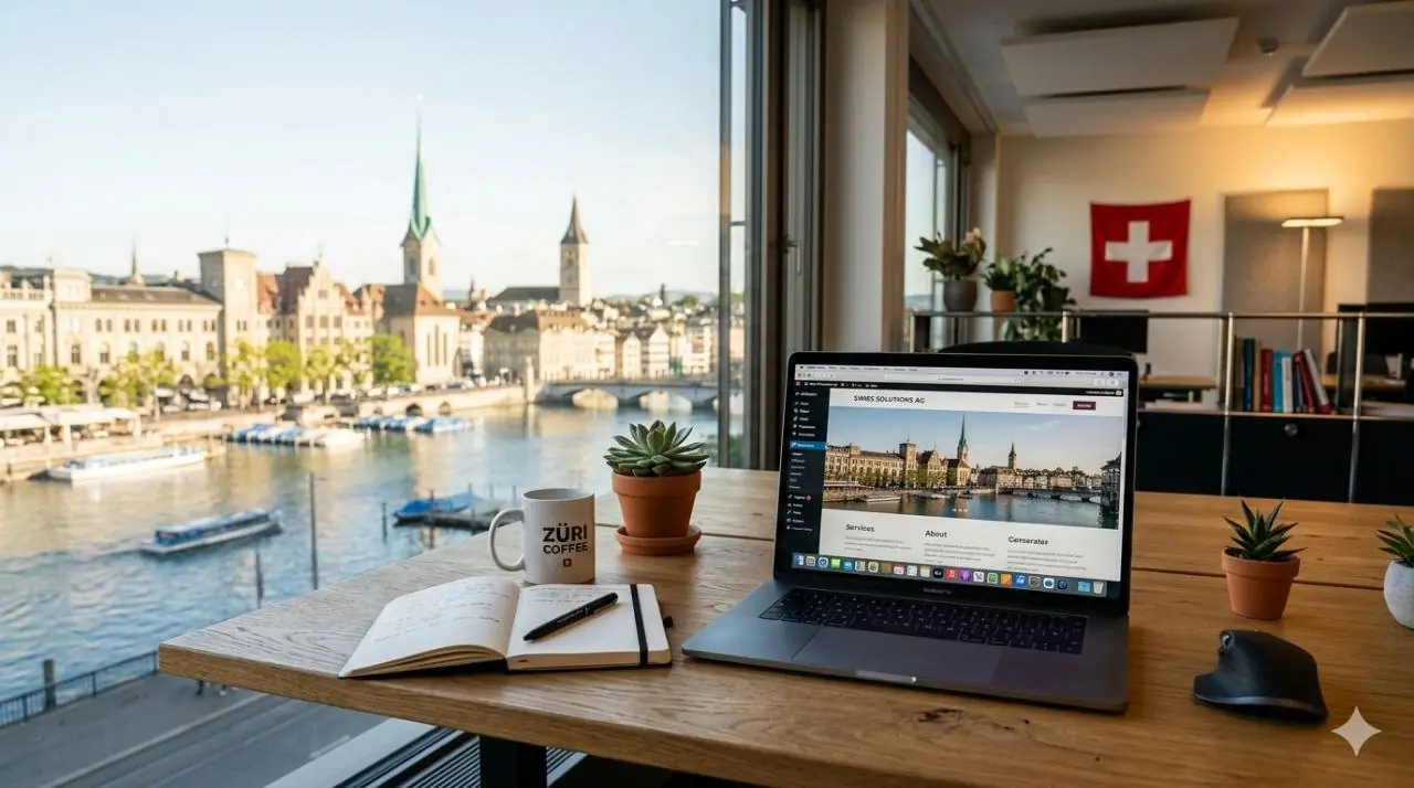 Webdesign Arbeitsplatz in Zuerich mit Laptop, Schweizer Fahne und Blick auf Limmat und Grossmuenster