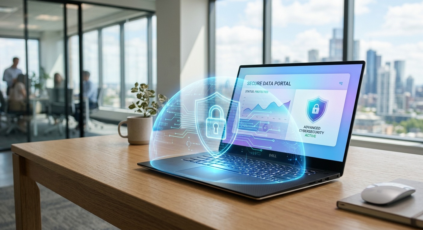 Laptop mit sicherem Datenportal und holografischem Schutzschild als Symbol für Cybersicherheit