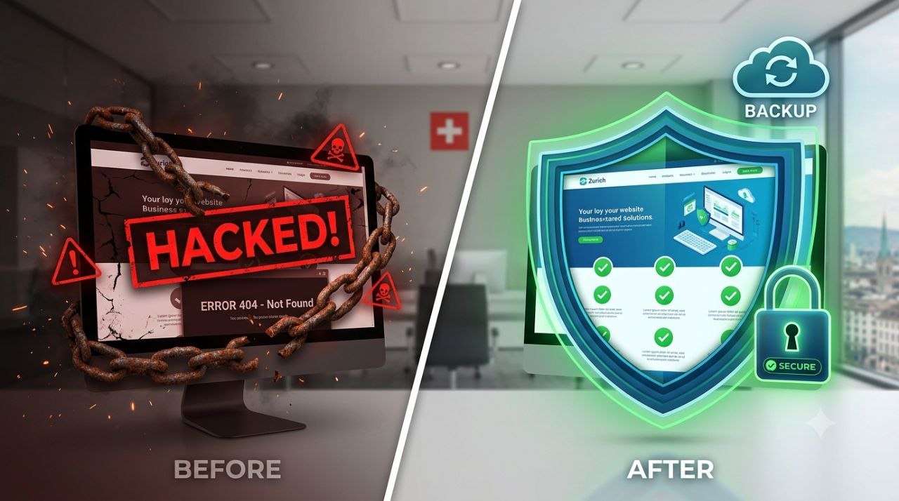 Split-Screen Vergleich: Links gehackte Website mit Hacked Warnung und Ketten, rechts gesicherte Website mit Backup und Schutzschild