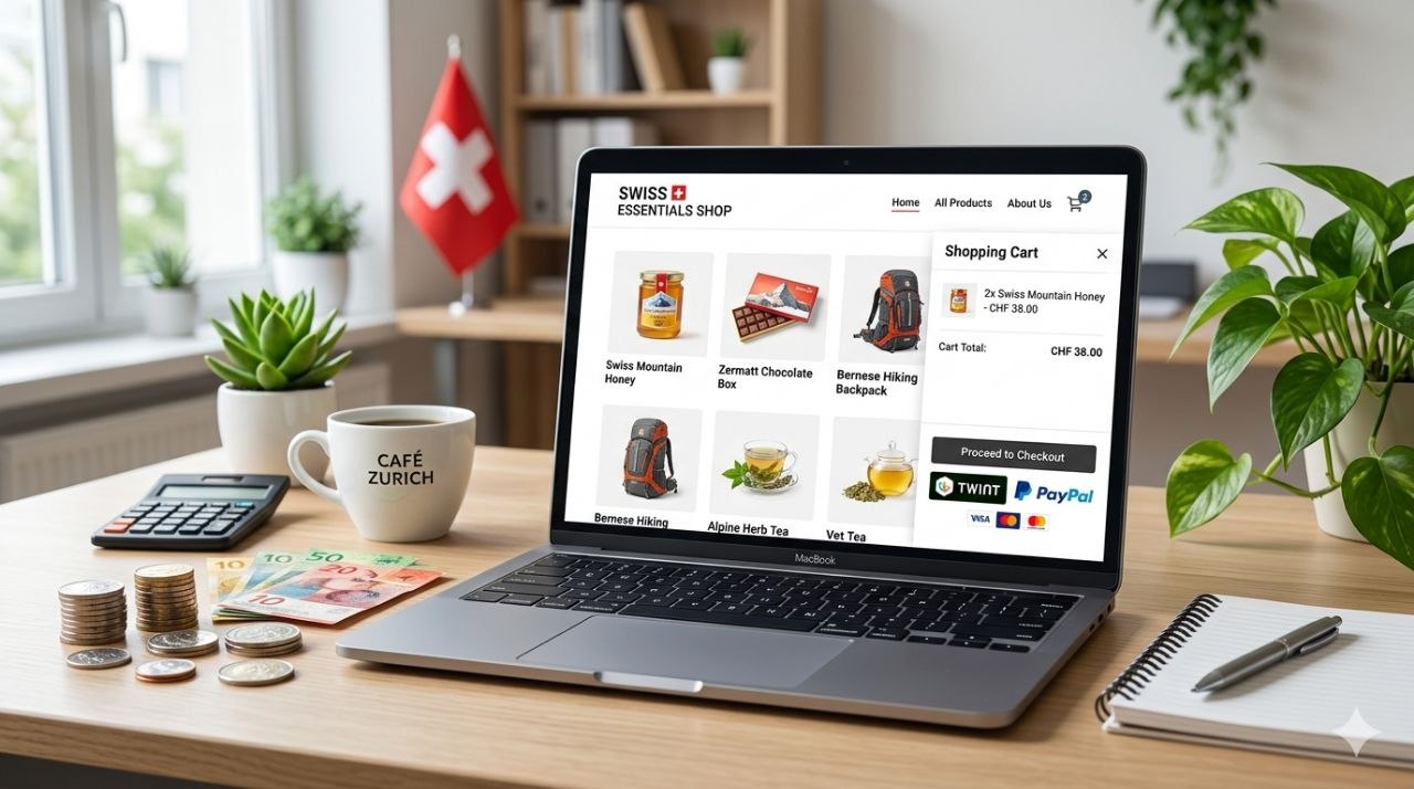 Laptop mit Schweizer Onlineshop in WooCommerce, TWINT und PayPal Zahlungslogos, Schweizer Franken Bargeld auf dem Tisch