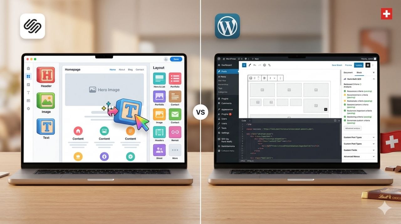 Vergleich zwischen WordPress und Squarespace fuer Schweizer KMU – zwei Laptops nebeneinander mit Swiss Flag