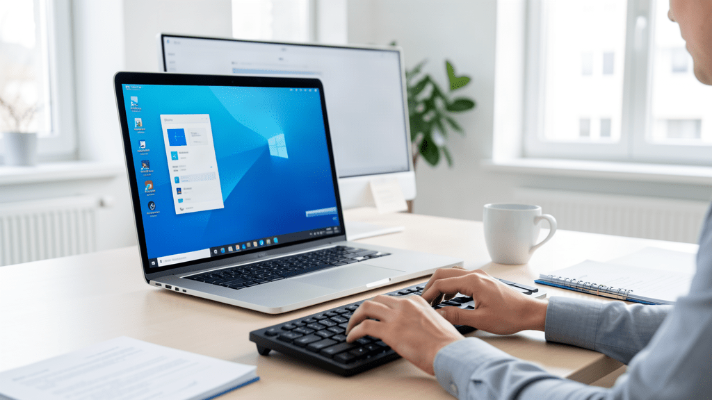 Windows-11-Desktop mit Tastatur und hervorgehobenen Tastenkombinationen für KMU in Schlieren und Zürich